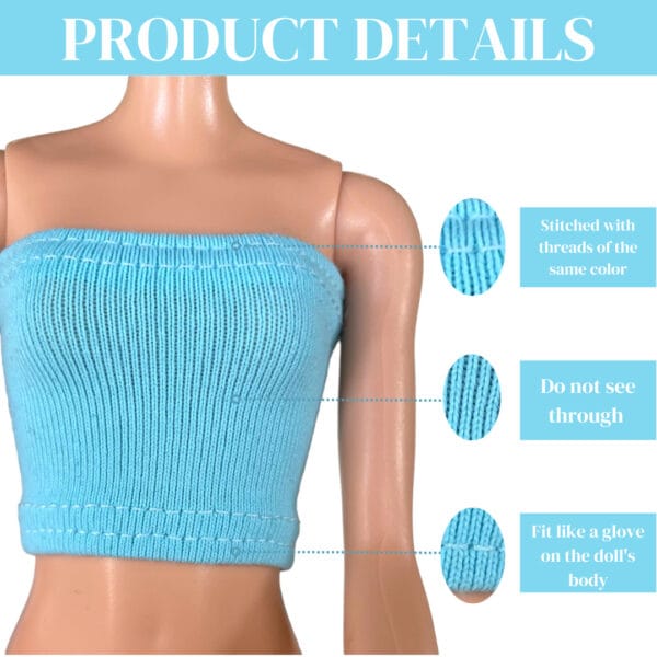 Doll Clothes Pack of 5 Tube tops for 11 inch Curvy size Barb Fashion Dolls 1:6 scale. 5 tube tops: electric pink, yellow, green, purple and blue colors. Fit Curvy size Barb dolls. CURVY SIZE DOLLS – 11 inch doll measurement: high 11 inch, Bust 5,25 inch, Waist 4,09 inch, Hips 6,02 inch. High-Quality Doll Clothes: Our set of 5 top doll clothes is perfect for high-resolution photography, creating doll stories, or making movies. They are designed not to leave any marks on the doll’s body and without any bulky fastenings. The unique design allows you to dress the doll from the head or bottom, ensuring the doll’s hairstyle remains perfect. Made of high-quality stretchy spandex, lycra, or jersey.