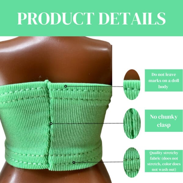 Doll Clothes Pack of 5 Tube tops for 11 inch Curvy size Barb Fashion Dolls 1:6 scale. 5 tube tops: electric pink, yellow, green, purple and blue colors. Fit Curvy size Barb dolls. CURVY SIZE DOLLS – 11 inch doll measurement: high 11 inch, Bust 5,25 inch, Waist 4,09 inch, Hips 6,02 inch. High-Quality Doll Clothes: Our set of 5 top doll clothes is perfect for high-resolution photography, creating doll stories, or making movies. They are designed not to leave any marks on the doll’s body and without any bulky fastenings. The unique design allows you to dress the doll from the head or bottom, ensuring the doll’s hairstyle remains perfect. Made of high-quality stretchy spandex, lycra, or jersey.