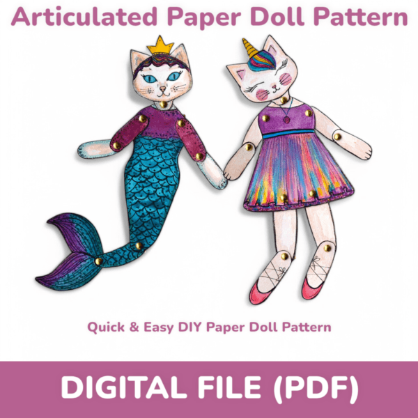 Paper Doll Articulated Digital Printable DIY Kit, Unicorn, Cat jointed paper doll, Movable Paper Dolls Template cut out, Girl Kid Toys Craft