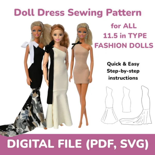 Sewing pattern for 12" dolls, Evening Dress Sewing Pattern – 3 Elegant Gown Designs for 11.5” Fashion Dolls – DIY Integrity Doll Clothes PDF
