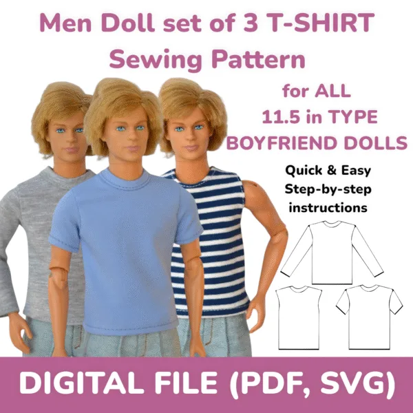 Male Doll T-shirt Sewing PDF Pattern, Set of 3 Clothes Long Sleeve DIY Pattern, Short Sleeve 1:6 scale Doll Outfit Pattern Sleeveless